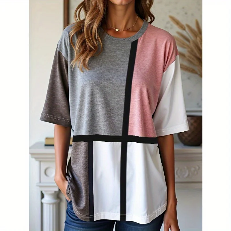 

Разноцветный лоскутный свободный топ с круглым вырезом и короткими рукавами