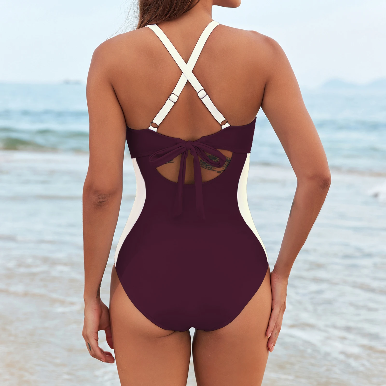 

French Riviera Inspired Hot Pink Swimsuit Women Halter Neck Metal Detail Ruched Sides Vacation Swimwear