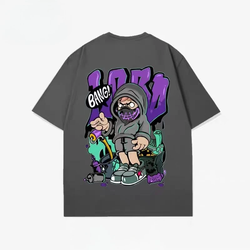 Cool Masked Hoodie Cartoon Figure Graphic Tee Colorful Graffiti Bang Slogan Retro Hip Hop Casual Unisex Cotton Short Sleeve Top