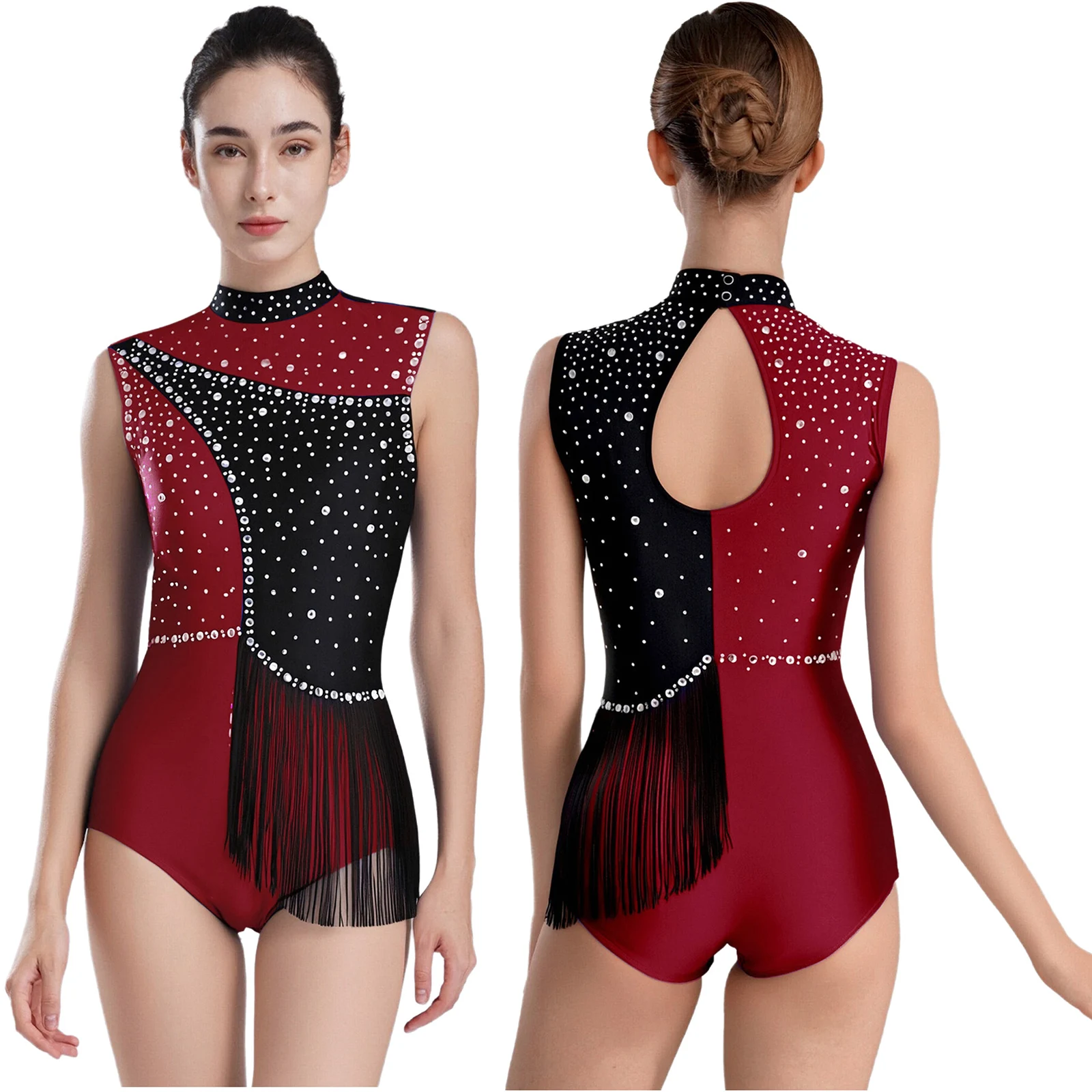 Womens Rhythmic Gymnastics Leotard Figuring Skating Acrobatics Costume Shiny Rhinestones Tassels Ballet Dance Jersey Bodysuit