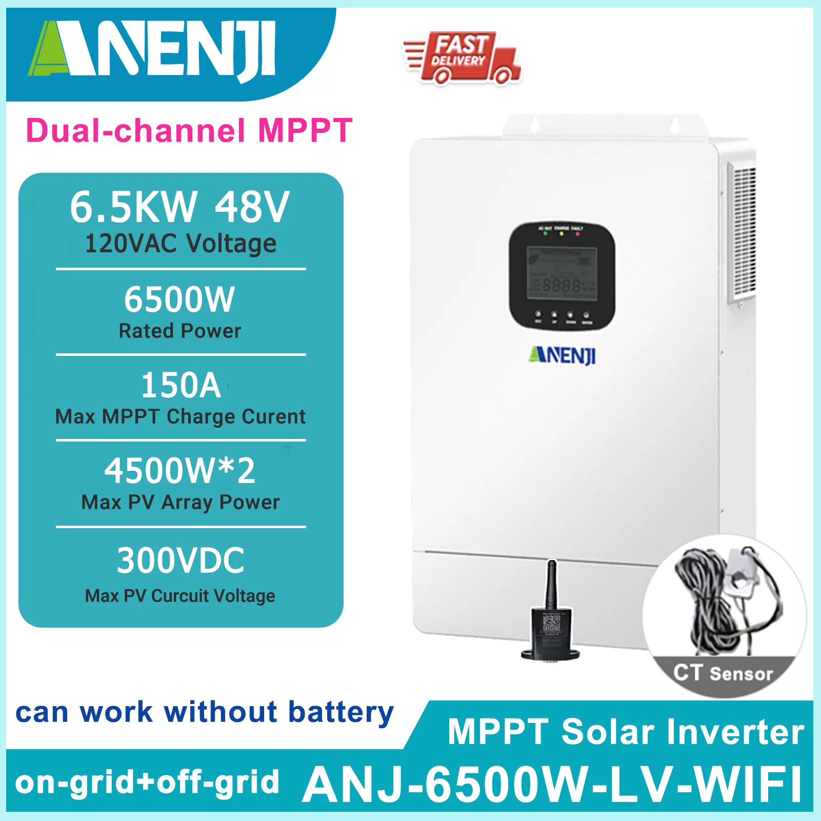 6.5KW 3.6KW 110V Hybrid Solar Inverter On/Off-Grid MPPT 80A 120A  Pure Sine Wave 120V Max PV input powe 4000W/4500Wx2 with WiFi