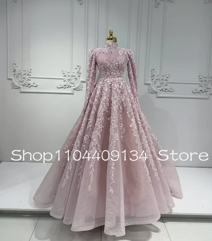 Pink Princess Muslim Evening Occasion Dresses High Neck 3D Floral Applilque Long Sleeve Arabic Bride Prom Gown Customsized