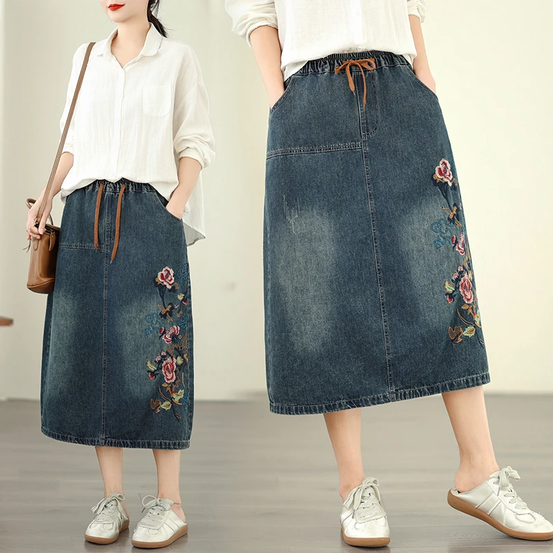 

Новая джинсовая юбка миди в этническом стиле с вышивкой, асимметричная, на резинке, свободного кроя, универсальная, с завязками