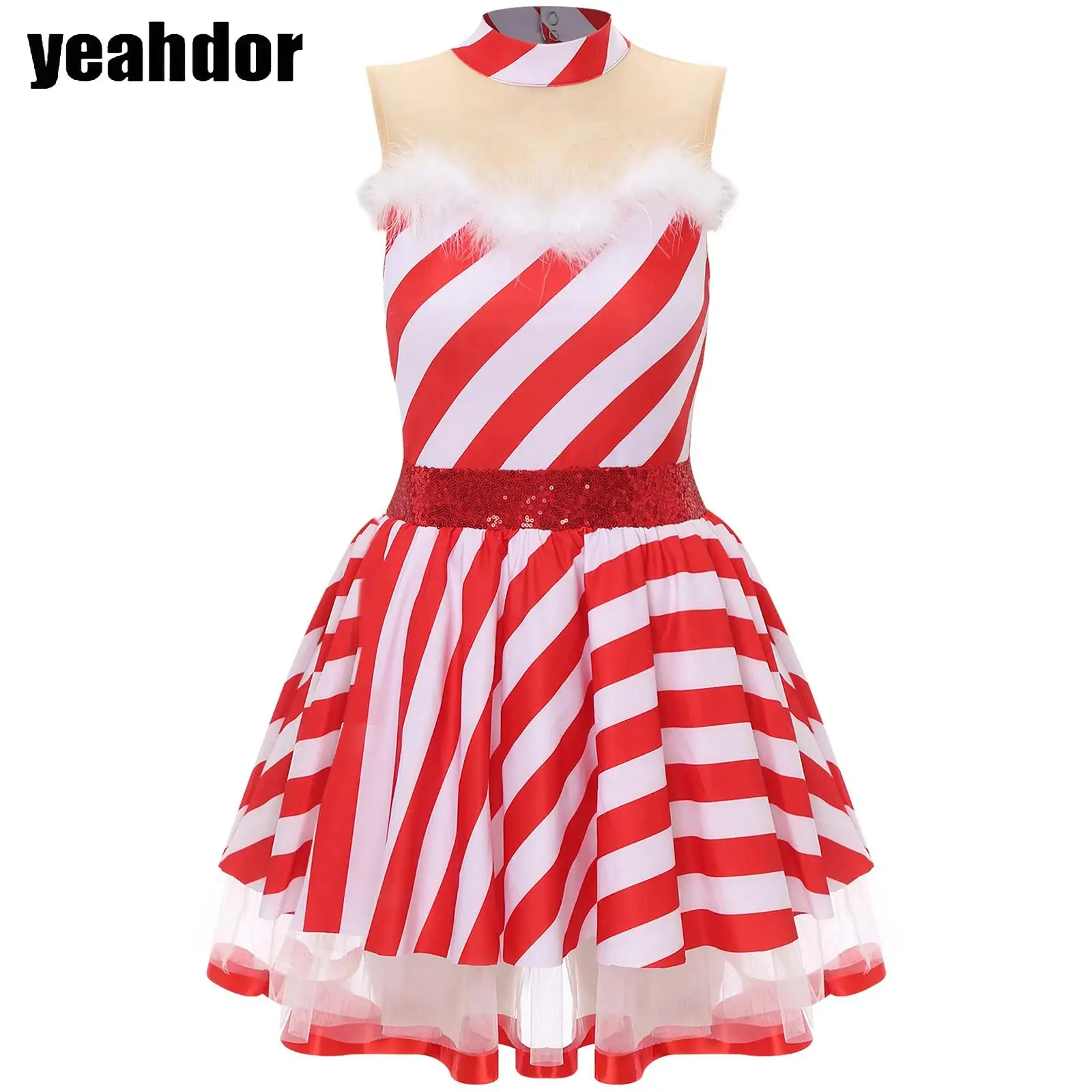 

Women Christmas Candy Cane Dress Sleeveless Sequin Striped Leotard Tutu Dress Ballet Figure Skating Bodysuit Santa Claus Costume