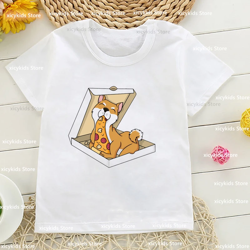 Camiseta para meninos/meninas cães engraçados comem hambúrgueres, pizza, sorvete animal impressão crianças tshirts moda roupas para crianças