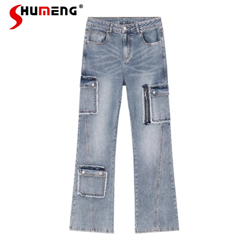 Hommes femmes 2025 quatre saisons porter nouvelle personnalité Denim pantalon ample rétro tendance Denim pantalon mode multi-poches jean évasé