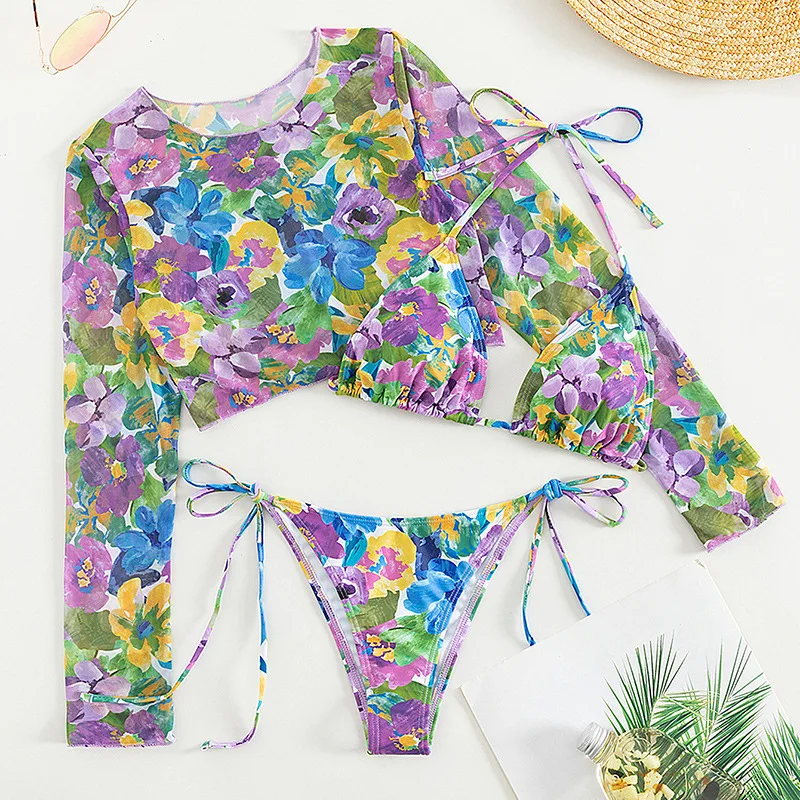 New in Mesh Cover Up Women's Tie-dye Printed Three-piece Sexy Push Up Bikini Swimsuit Biquinis Bathing Suits Set Beach Swimwear