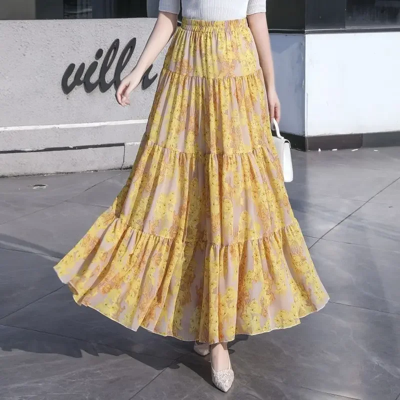 

Summer New Floral Chiffon Maxi Long Pleated Skirts Cakee Layered A-line Flowers Printed Ankle Length Boho Skirts