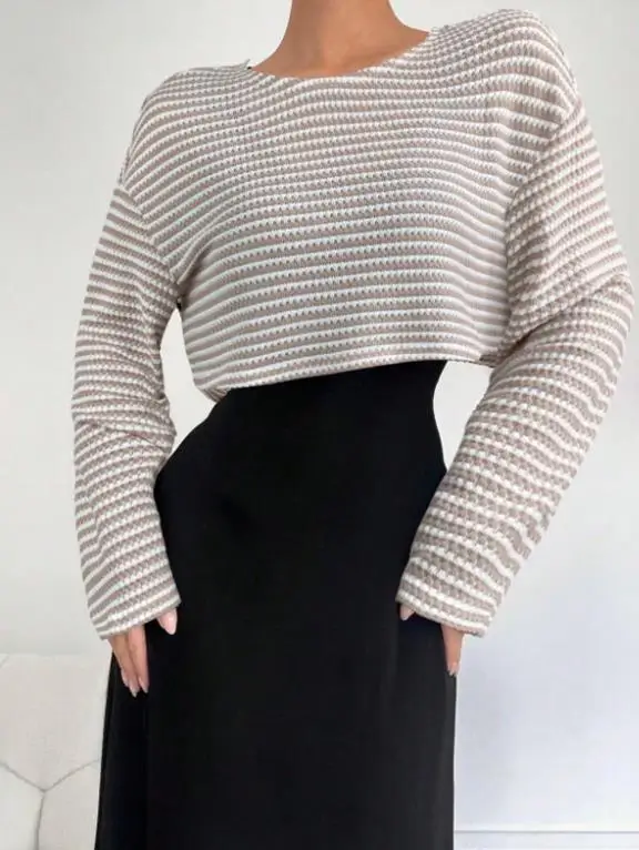 

Женский комплект длинных платьев 2026, утягивающая свободная полоска и лоскутная футболка с длинными рукавами и комплект платьев без рукавов, облегающий бедра