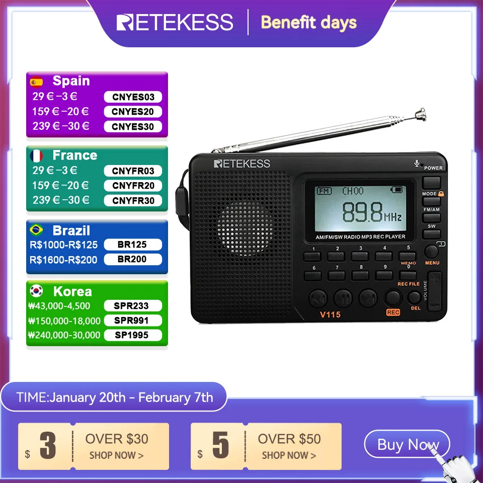 Retekess V115 Radio FM AM SW Portable Radios AM FM Rechargeable Shortwave Radio Battery Powered Full Waves USB Recorder For Gift