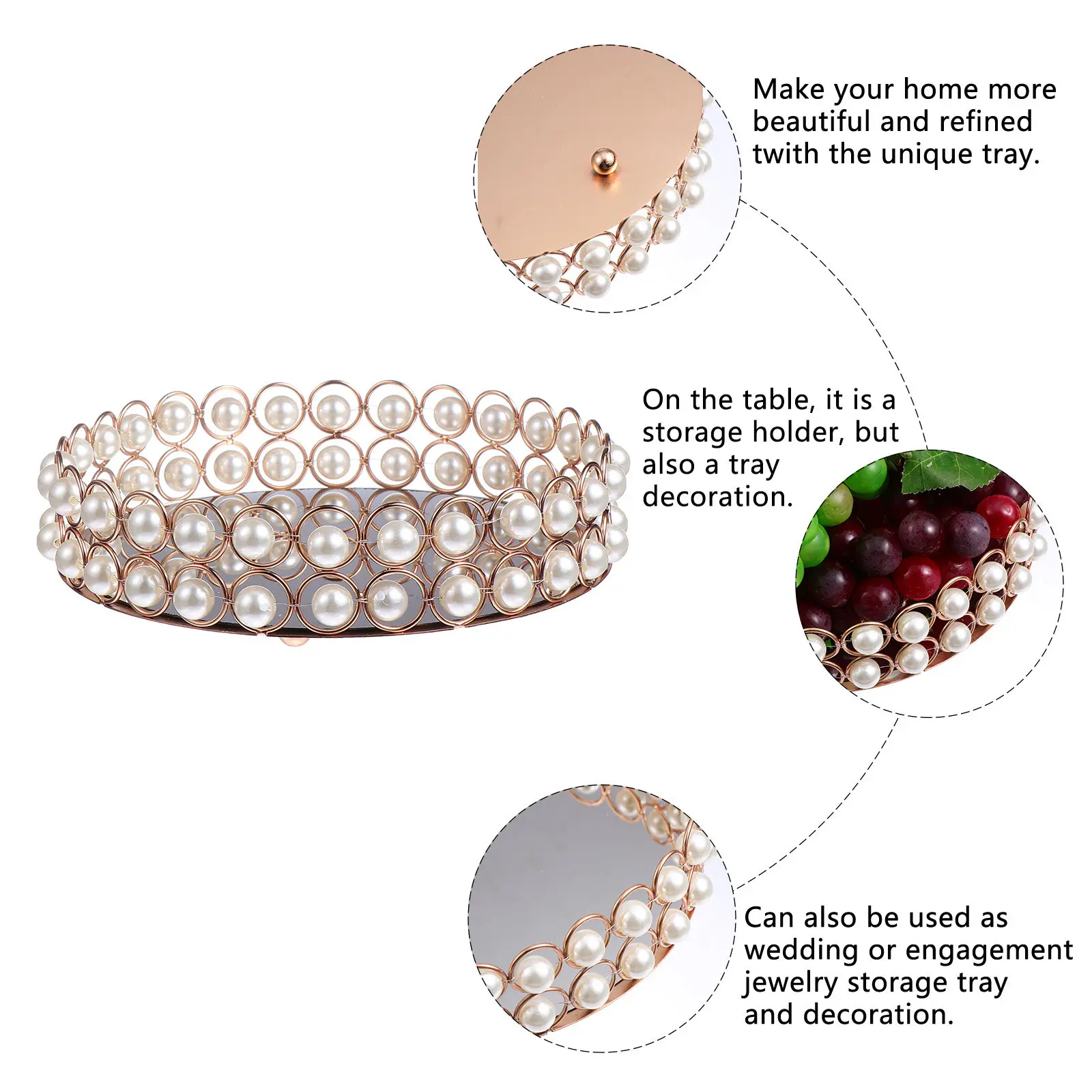 

1 шт. Декоративный настольный поднос с зеркальной поверхностью и имитацией жемчуга для хранения украшений, косметики, ключей