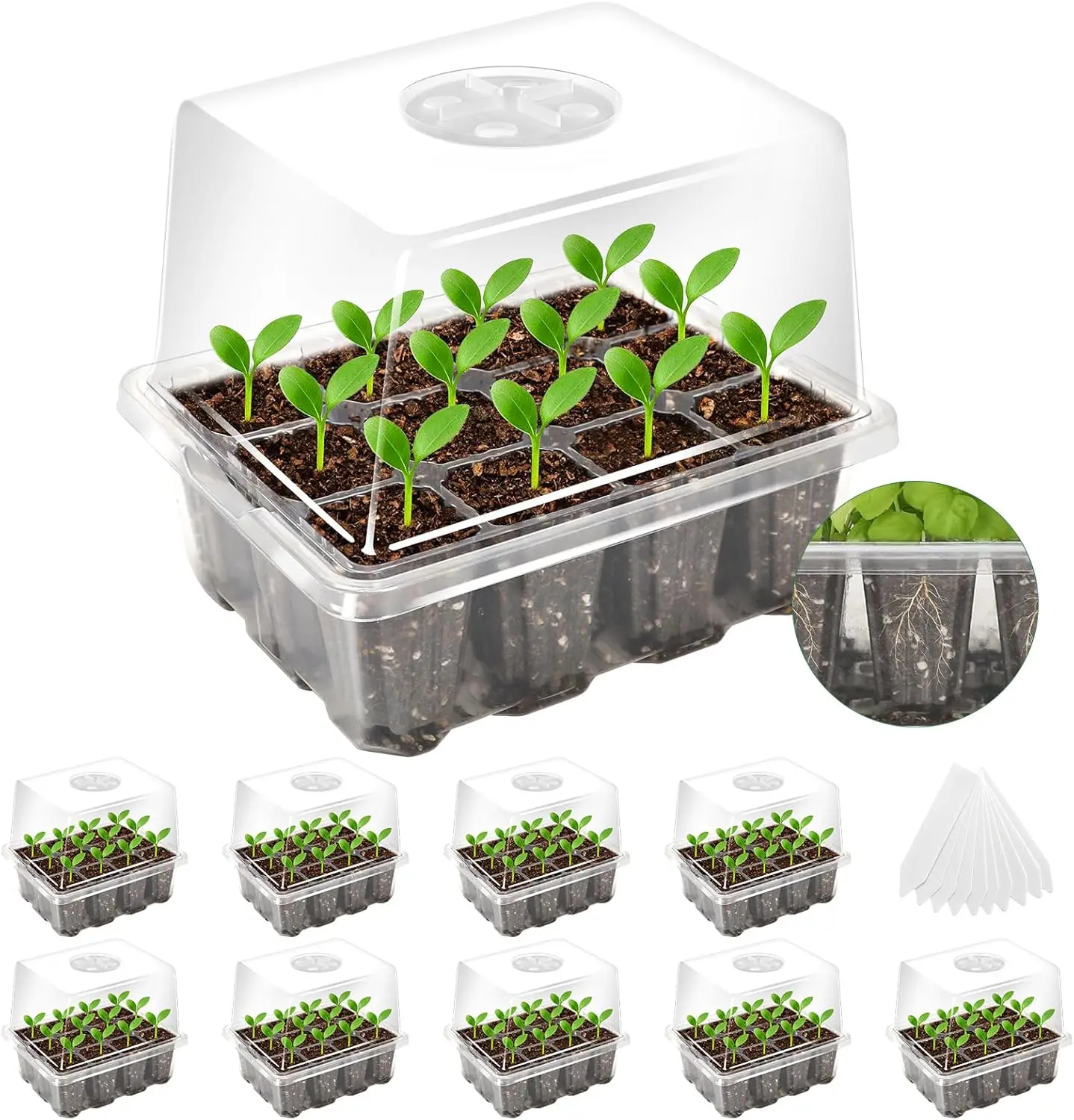 

Seed Starter Tray with Elevated Lid, 120 Cells Seed Starter Kit with Adjustable Humidity Dome, Drainage Hole, Clear Heig