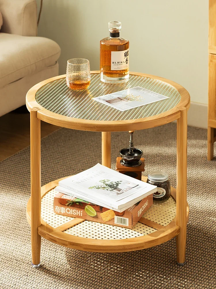 Bamboo Coffee Table With 2 Tier Storage Shelf Glass Sofa Side Table Living Room Tea Table Small Round Tables for Small Apartment