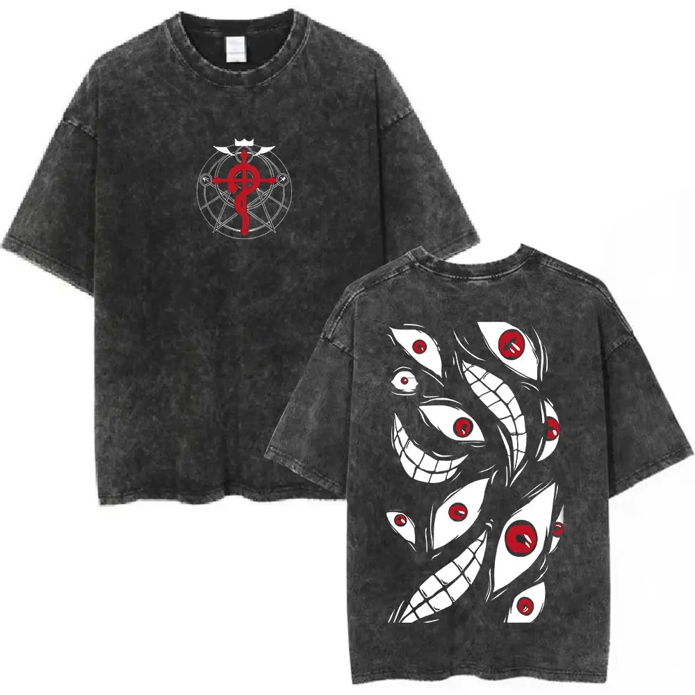 Anime Fullmetal Alchemist Washed T Shirts Edward Elric Alphonse Elric T-Shirt Men's Women Fashion Casual Oversized T-shirts Tops