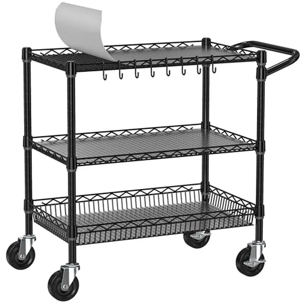 

3-Tier Metal Utility Cart with Wheels Heavy Duty Rolling Kitchen Storage Trolley Adjustable Shelves and Hooks Industrial Grade