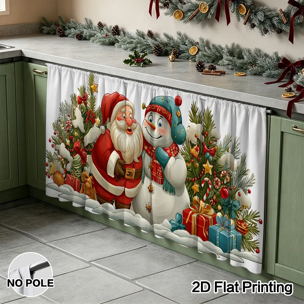 VIKAMA Santa Snowman Tree White Kitchen Cabinet Curtain Rod Pocket Window Valance Sink Skirt Tier Panel Christmas Decor