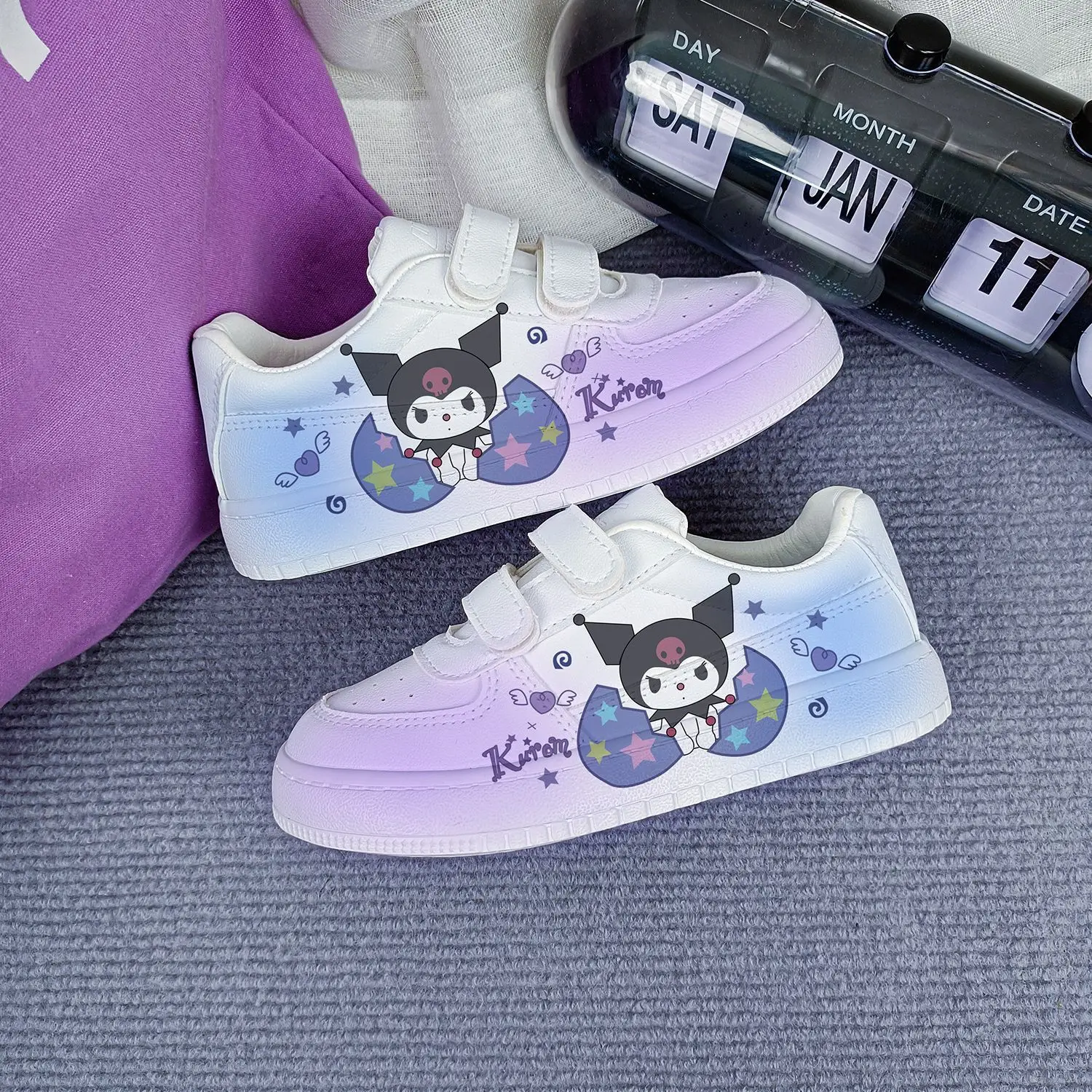 Kuromi Cartoon Children Sneakers For Girls Boys Casual Print Sport Shoes Flat Kids Tennis Shoes White Low Cut Board Shoes