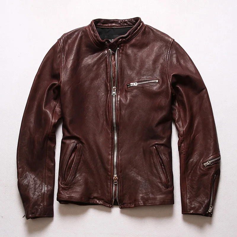 Durable High Quality Vegetable Tanning Leather Motorcycle Men Leather Jacket