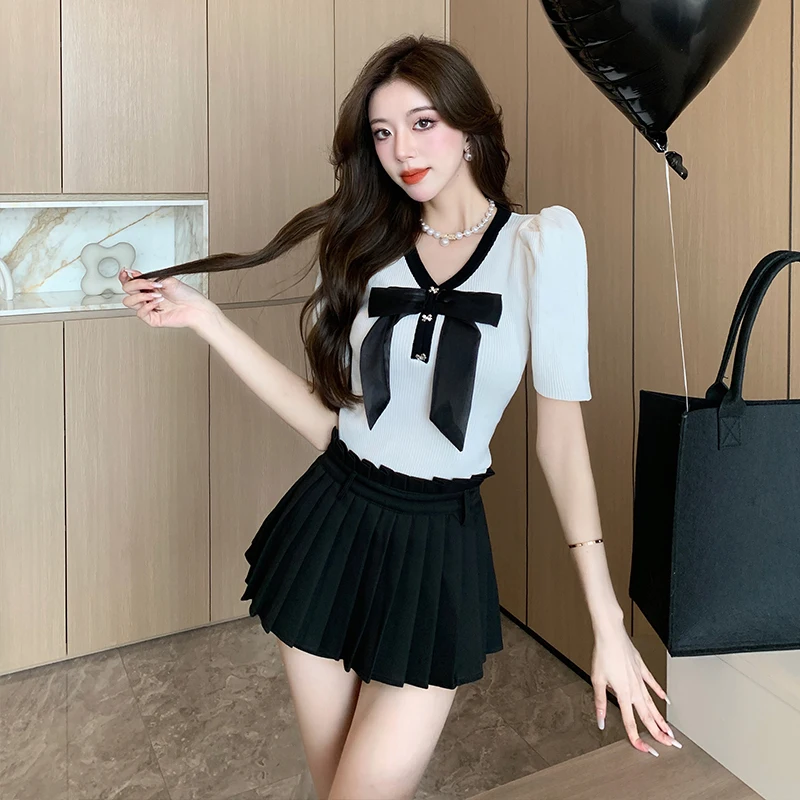 

Yanling 2023 French Style Bow V-neck Short-Sleeved Sweater Women's Summer New Elegant Slimming Women's Top Classic Style T-shirt