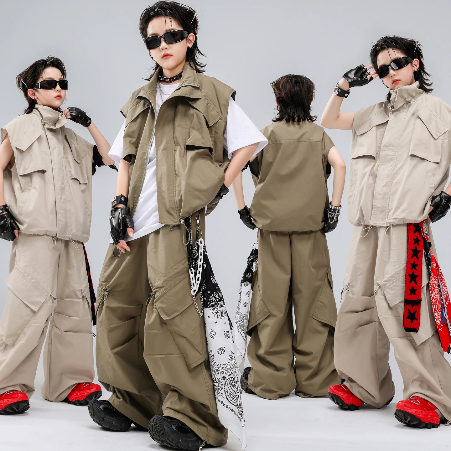 Kids Khaki Tactical Hip Hop Dance Outfit Cargo Pants Set with T-Shirt for Boys Girls Street Wear Jazz Performance Competition view 2