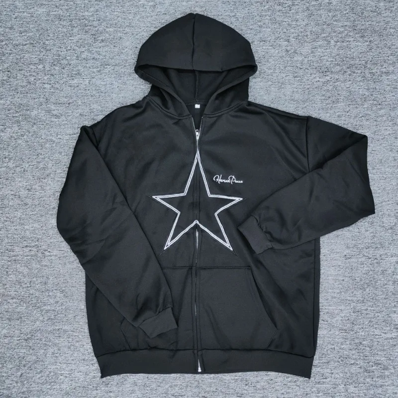 

American Trendy Street Cardigan with Five Pointed Star Embroidery Hooded Sweatshirt Women's Loose Zipper Pocket Jacket
