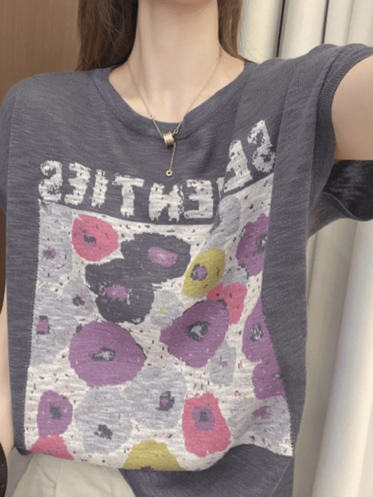 تي شيرت فضفاض من الحرير الجليدي ort Sve تي شيرت مستدير Ne مطبوع للنساء مضاد للشيخوخة علوي irt عصري كوري Sle للتنقل #3