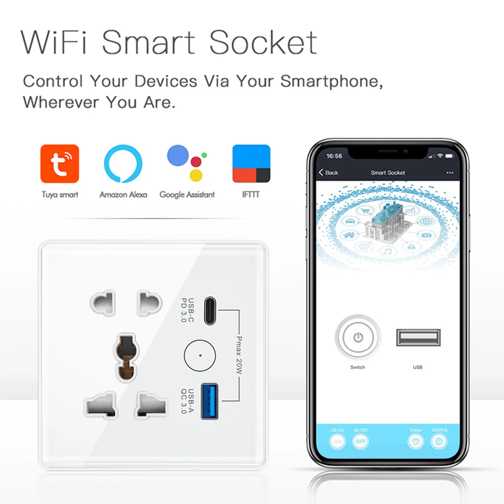 Tuya Wifi Smart Switch with USB Type-C Fast Charging QC3.0 Plug Smart Switch Work with Alexa Google Home Yandex Voice Control