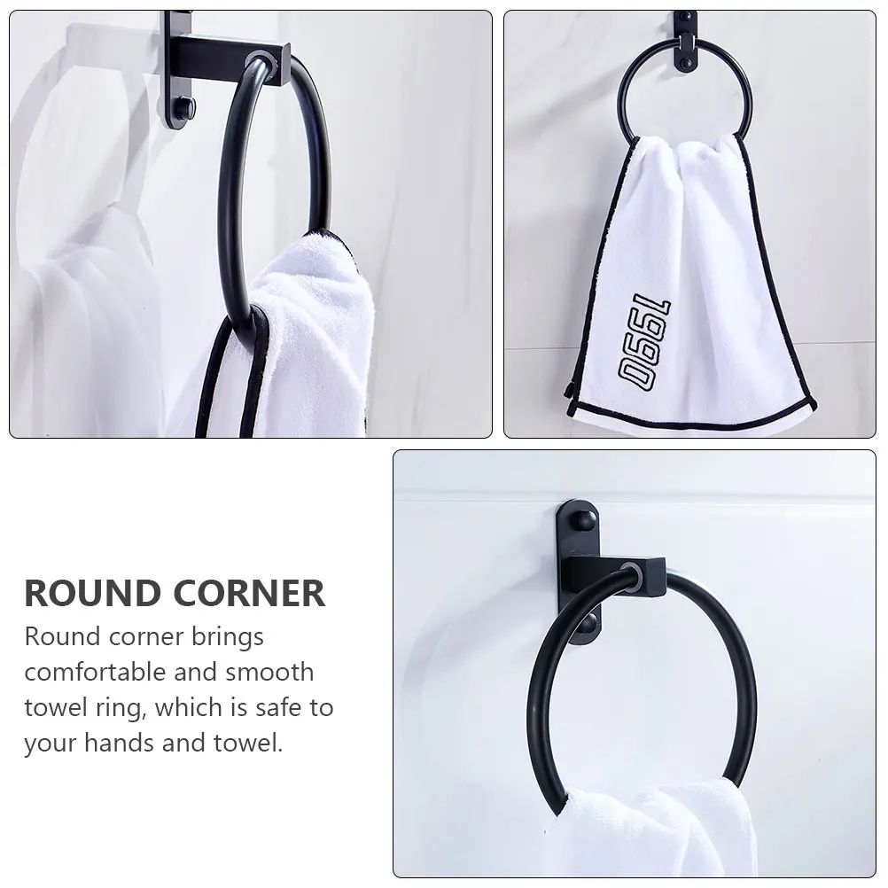 1Pcs Black Aluminum Bathroom Towel Ring No-Punching Thick Solid Rust-Proof Strong Load-Bearing Holder Towel Ring
