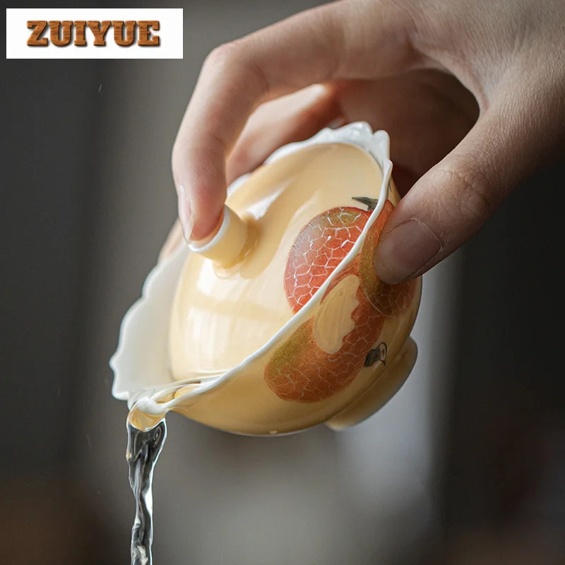 120ml Apricot Yellow Cover Bowl Hand Painted Lychee Bowl Anti Scald Gaiwan Elegant Tea Tureen Tea Cup Chinese Tea Set Ornaments