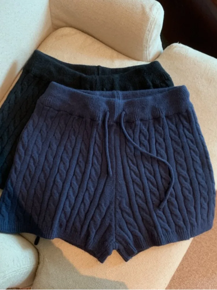 กางเกงไหมพรมถักสไตล์เกาหลีญี่ปุ่นย้อนยุคสำหรับผู้หญิง  ชุดลำลองฤดูใบไม้ร่วง เอวยางยืด  ด้ายบิดเกลียว  ทรงขาบาน  ช่วยให้ดูผอม