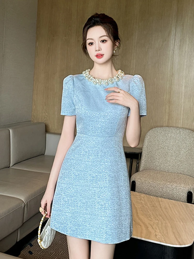 Fashion Formal Evening Dress Women Elegant Luxury Pearl Collar Slim Fit Short Gown Female Party Banquet Vestidos Street Clothes