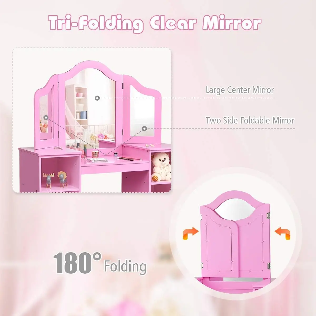 Kids 'Princess Makeup Desk, Penteadeira com Top Destacável, Toddler Vanity, Tri-Fold Mirror, Prateleira de Armazenamento, 2 em 1