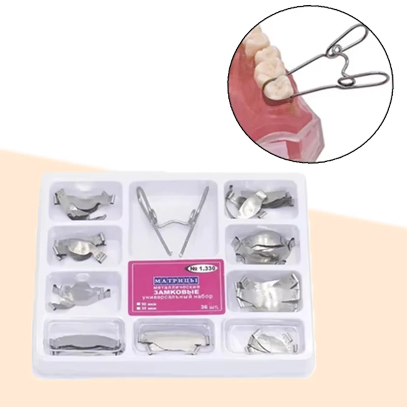 

Dental Matrix Band Kit with Metal Rings Contoured Sectional Matrices for Teeth Restoration Orthodontic Forming Tools