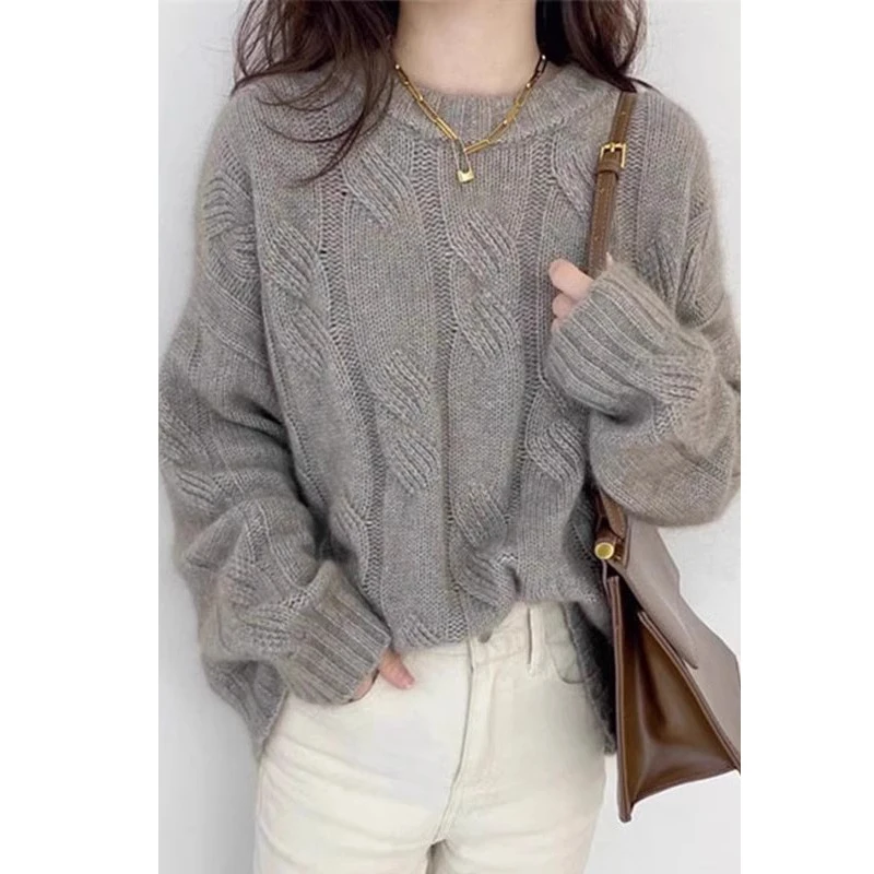 

Autumn and winter new round neck bright silk thick twisted wool sweater women's pullover twisted cashmere bottoming sweater tide