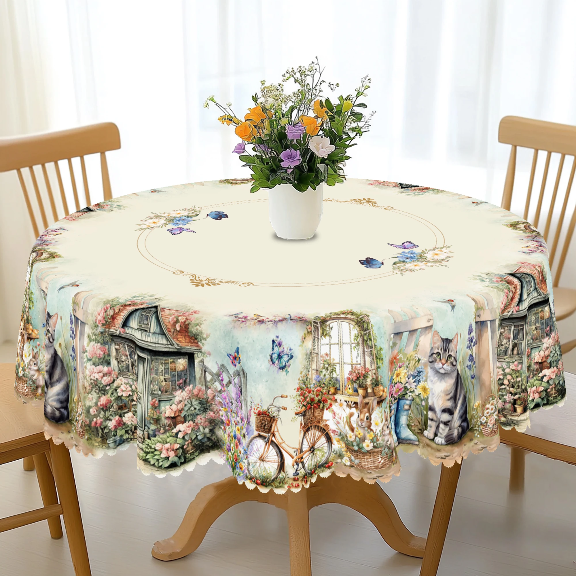 1 pezzo di tovaglie rotonde con stampa floreale in stile pastorale primaverile, 5 dimensioni, fiori, farfalle, conigli, tovaglie rettangolari con motivo stampa gatto, festival, tovaglie da cucina per la casa, uso interno ed esterno, decorazioni per la casa