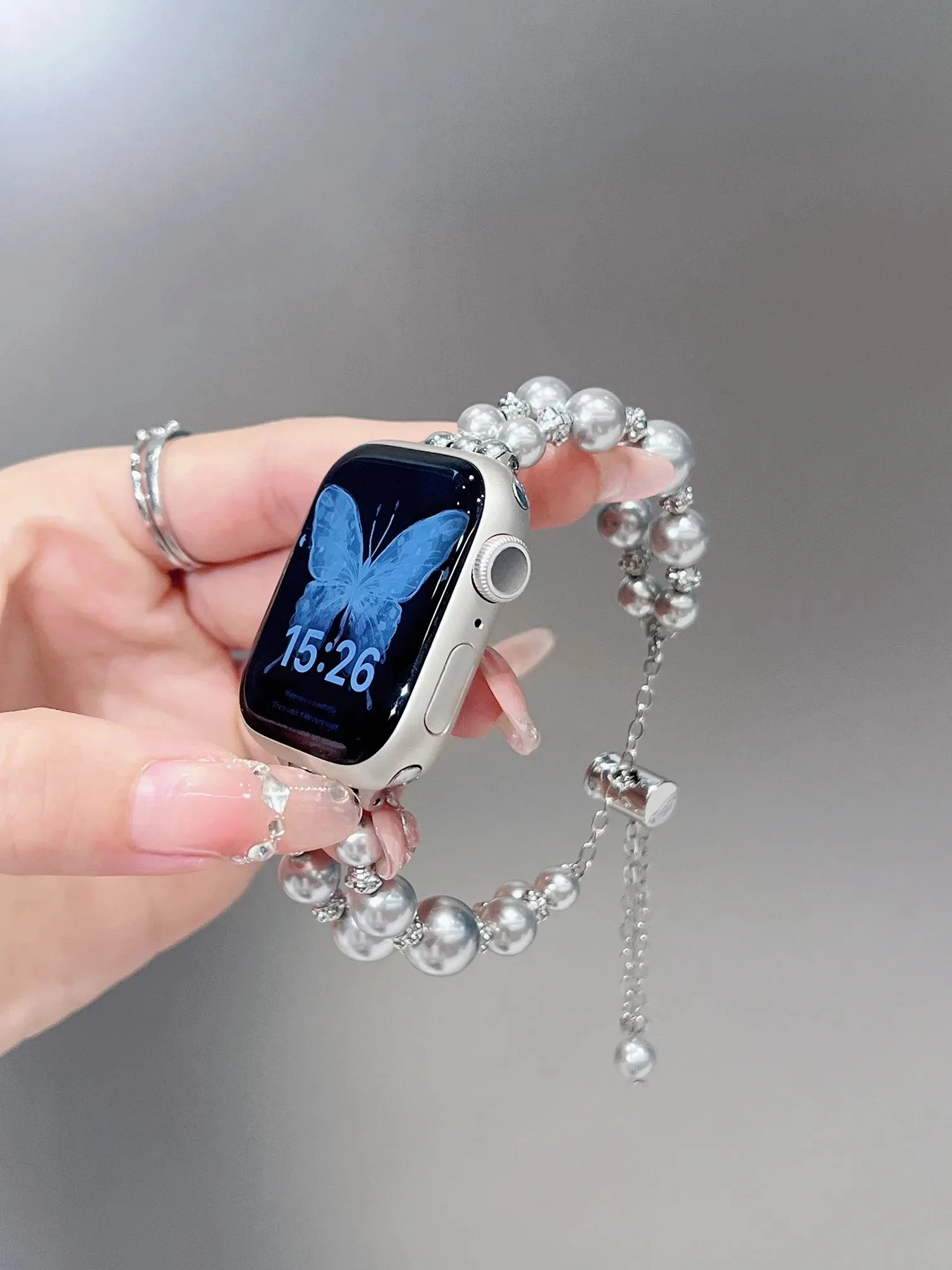 

Серебряная цепочка с бусинами, совместимая с ремешком для iWatch 38 мм, 40 мм, 41 мм, 42 мм, 44 мм, 45 мм, 49 мм, модный ремешок.