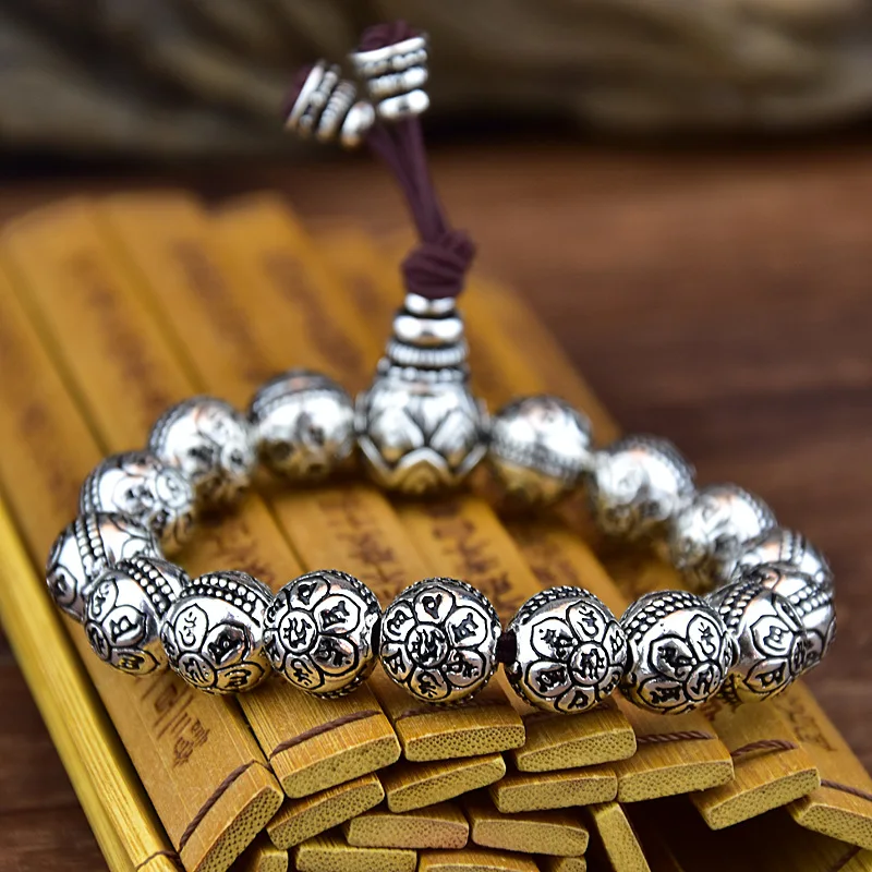 

999 серебряный мужской браслет из шести слов мантра санскрит для женщин с круглыми бусинами Lucky Weal