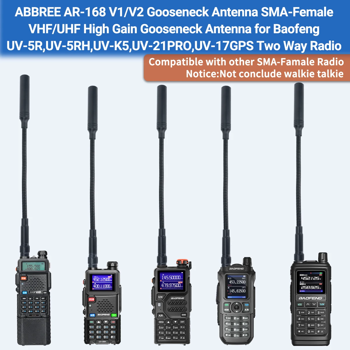 ABBREE Gooseneck Tactical Antenna High Gain VHF UHF Dual Band SMA-Female For Baofeng Walkie Talkie UV-5R Quansheng K5(8) K6