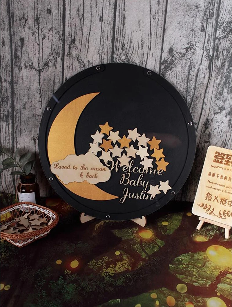 

Personalized Star Moon Cloud Round Custom Sign-in Box,Color Printed,Baby Shower Guestbook,DIY Wooden Wedding Graduation Deco