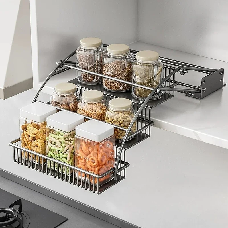 Cabinet Pull Down Basket, 3 Tier Lift Up Spice Rack, No Drill Telescopic Storage, Elderly Friendly Overhead Kitchen Organizer