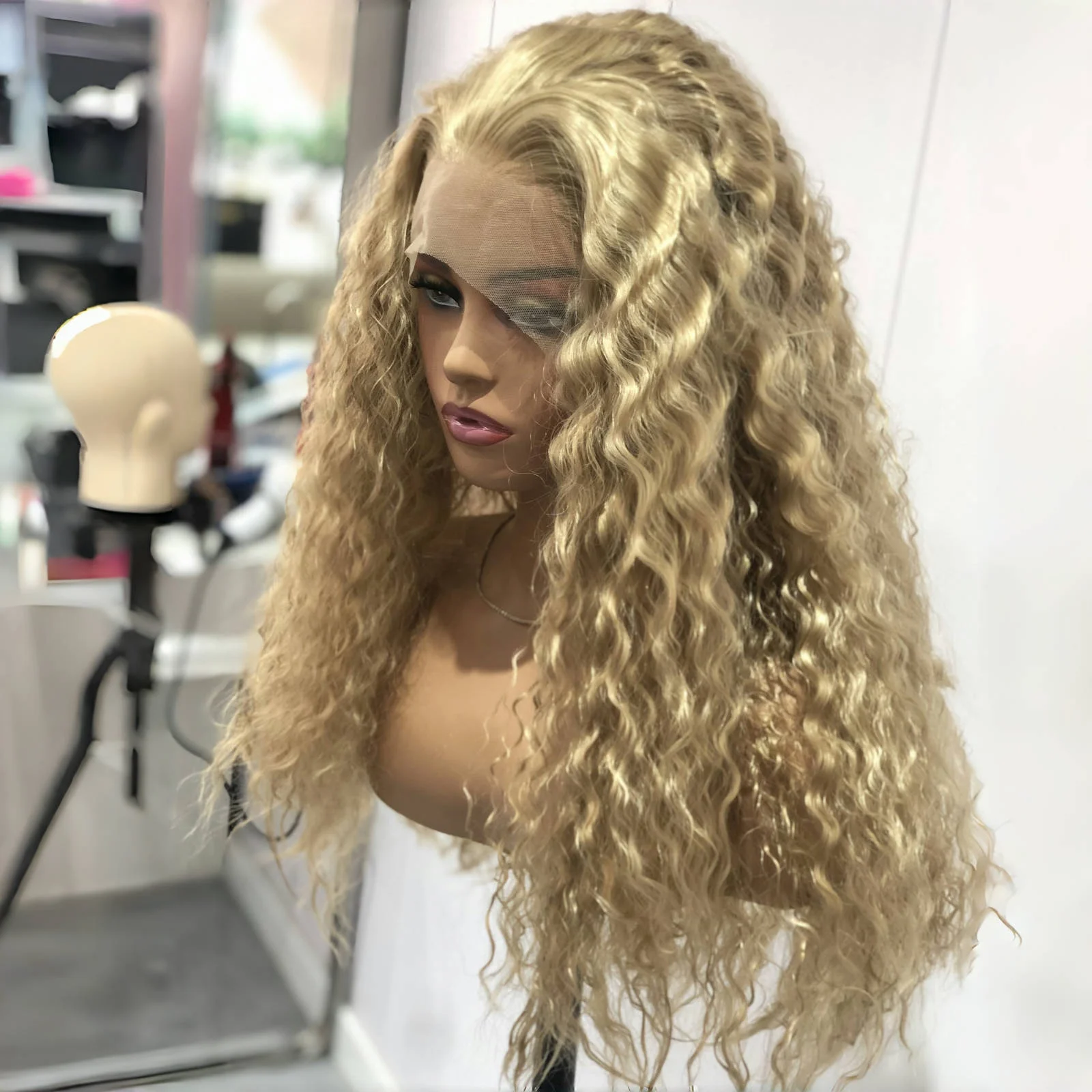 Ash Blonde Wig Long Blonde Curly Wig Synthetic Lace Front Wig Glueless Wigs Ready to Wear Water Wave Curly Lace Wigs for Women