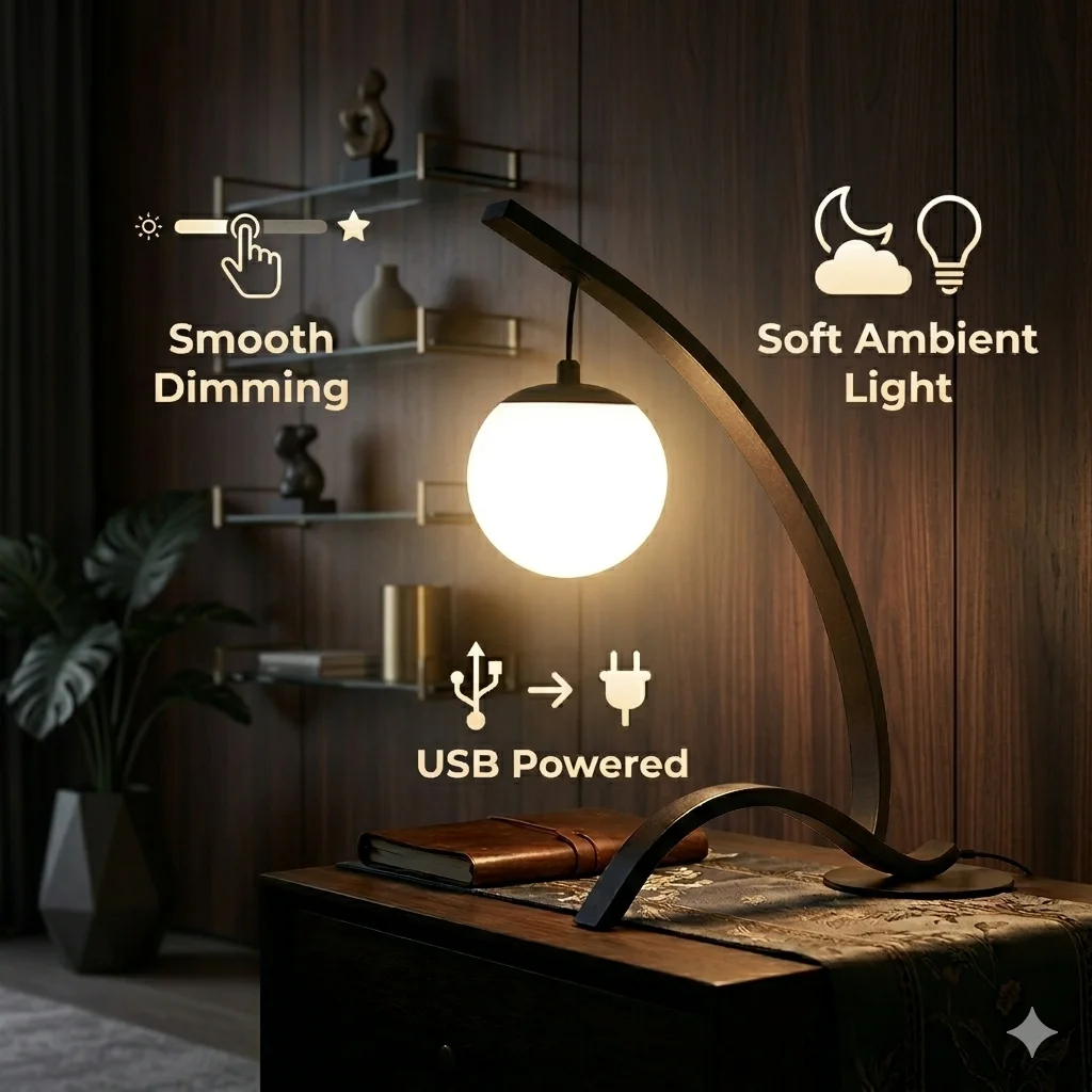 LED Table Lamp Modern Bedside Night Light Dimmable Hanging Globe Lamp USB Ambient Light for Bedroom Living Room Desk Interior