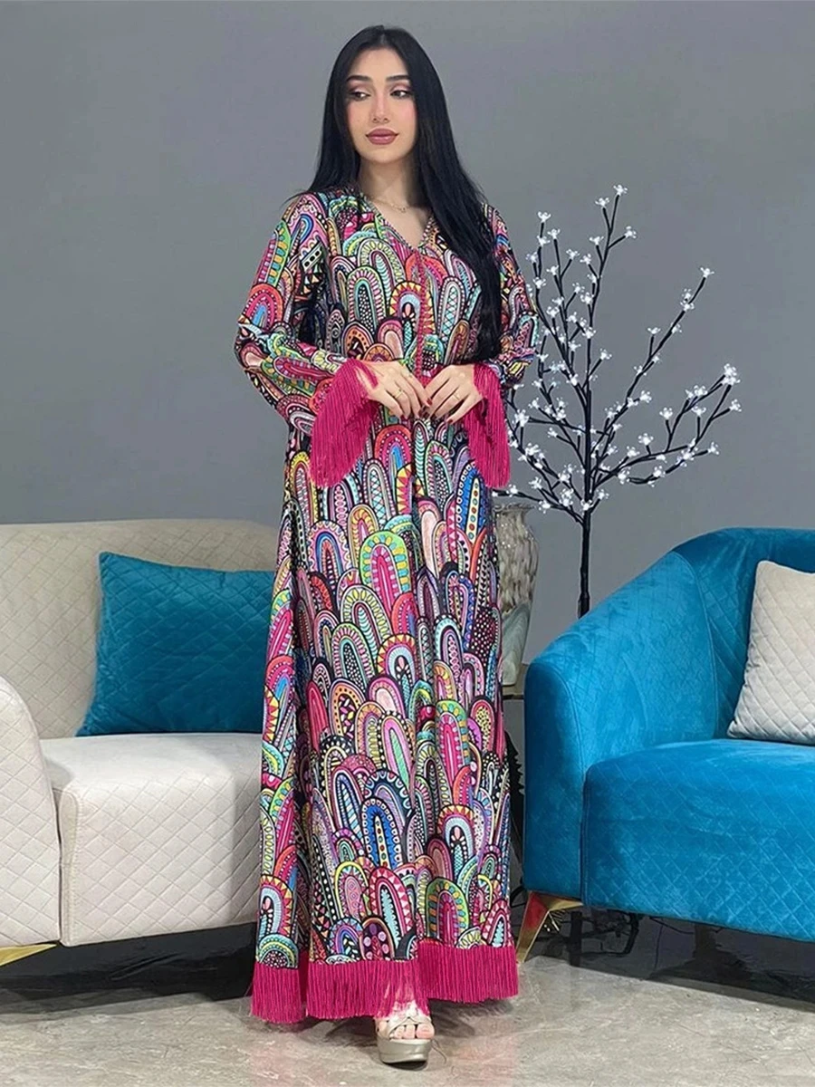 

Saudi Arab Fashion Printing Tassel Patchwork Long Sleeve Casual Losse Abaya Moroccan Dubai Daily Party Women Dress