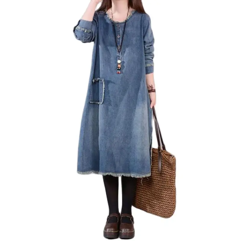 Fashion Rough Selvedge Denim Dress Female Summer Autumn New 2023 Korean Round Neck Pocket Long Sleeve Women Dress Vestidos