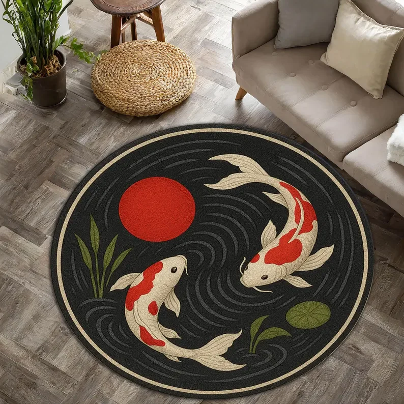 Koi Pond Harmony Rug Round Koi Fish Carpet with Water Lily Rock Frame Tranquil Japanese Inspired Rug for Peaceful Zen Home Decor