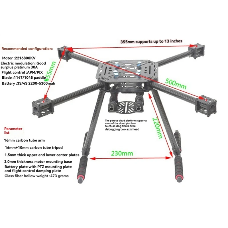 X500-X4 Glassfiber Frame Kit Quadcopter Frame with Tripod Landing Gear F450 Four Supports Flight Control-A56M