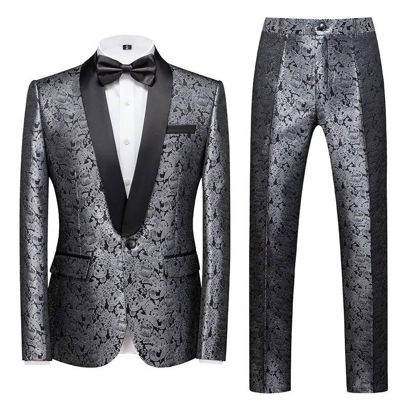 

Stylish Floral Printing Men Suit Sets Elegant Dinner Gentleman Clothing Luxury Prom Party Slim Fit Blazer Pants 2 Pieces Tuxedos