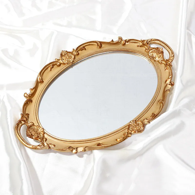 French Retro Gold Engraved Makeup Mirror Table, Resin Handheld Mirror Desktop Dressing Mirror Ornament