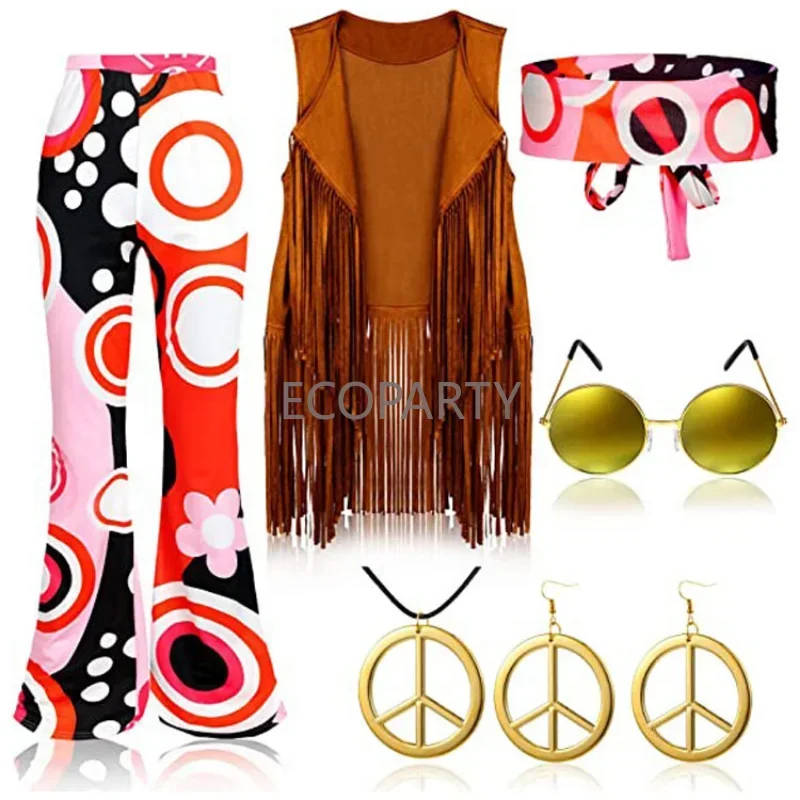 2023 neues Sommer Hippie Kostüm Damen Set für Karneval 70er Jahre Bekleidungs zubehör sechsteiliges Set Quaste Weste Hosen Stirnband Set