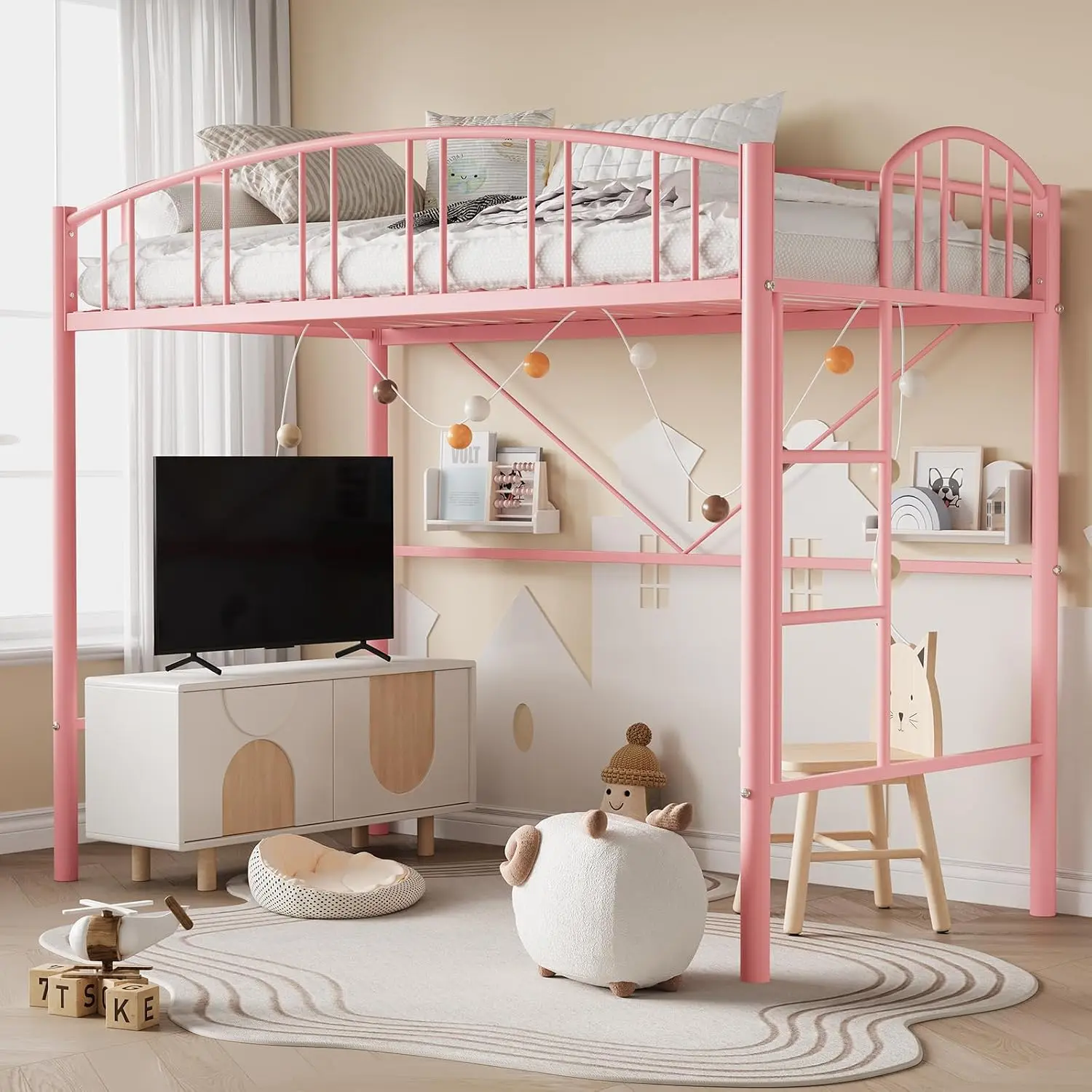 Garvee Heavy Duty Structure Modern Space-Saving Loft Twin Metal Loft Bed Frame Steel Adult Single Bed Frame Sturdy Arched Guardrail, Safety Ladder, Modern Room Furniture, No Box Spring Needed
